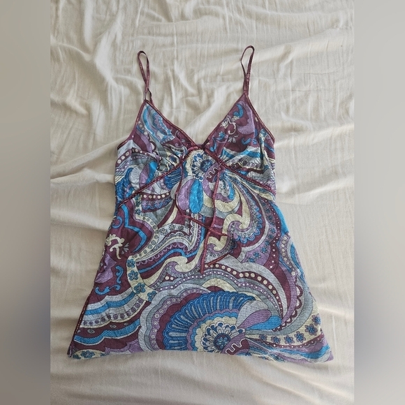 The Limited Size Small, Blue, Purple, Creme Patterned Spagetti Strap Tank - Picture 1 of 6